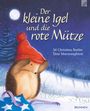 „Der kleine Igel und die rote Mütze“: Ein Igel mit roter Mütze im Schnee bei Vollmond, umgeben von Bäumen.