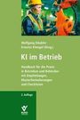 Text: "KI im Betrieb", "Handbuch für die Praxis...". Arbeiterin in Schutzbekleidung an einer Maschine.
