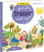 „Was Kinder fragen: Geht die Trauer wieder weg?“ Drei Kinder im Garten, Sonnenblumen, Regenbogen, Sonne.