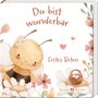 "Du bist wunderbar" und "Erstes Beten" sind in einem verspielten Stil geschrieben. Illustration einer lächelnden Biene mit Blumen.