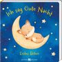 "Ich sag Gute Nacht. Erstes Beten." Illustration eines schlafenden Fuchses auf einer Mondsichel, umgeben von Sternen.