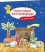 "Meine liebste Weihnachtskrippe. Steckfiguren-Spaß". Illustration einer Krippenszene mit Figuren, Sternen und einem Stall.