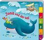 "Jona und der Wal" in roter Schrift. Illustration: Ein Wal, Jona sitzt darauf, im Himmel ein Schiff und bunte Fische.
