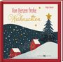 "Von Herzen frohe Weihnachten" in roten und goldenen Buchstaben. Winterliche Szene mit roten Häusern und verschneiten Tannen.