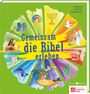 „Gemeinsam die Bibel erleben“. Farbenfrohes Design mit biblischen Symbolen wie Regenbogen, Menora und Taube.
