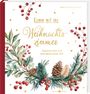 „Komm mit ins Weihnachtszimmer“, eine weihnachtliche Illustration mit Zweigen, Tannenzapfen und roten Beeren.