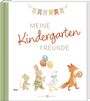 „MEINE Kindergarten FREUNDE“, oben bunte Wimpel, unten Tiere: Maus, Hase mit Ballons, Ente, Fuchs mit Trommel.