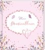 "Mein Poesiealbum" in rosa Schrift mit Schmetterlingen, Blumenranken und einem stilisierten Engel.