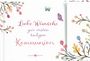 "Liebe Wünsche zur ersten heiligen Kommunion" in rosa und lila Schrift. Bunte Blumen und Schmetterlinge zieren den Hintergrund.