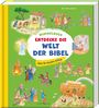 Titel: "Wimmelbuch Entdecke die Welt der Bibel". Bunte Illustration mit biblischen Szenen.