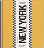 Titel: "Zu Gast in New York". Vertikaler Text "NEW YORK". Gelber Hintergrund, schwarz-weiß kariertes Muster.