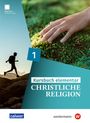 Text: "Kursbuch elementar CHRISTLICHE RELIGION 1". Logo "calwer", "westermann". Hand berührt Moos, Wanderer im Sonnenlicht.