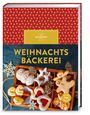 „WEIHNACHTS BÄCKEREI“ auf rotem Hintergrund mit goldenen Sternen, Kekse in Weihnachtsformen.