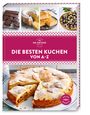 „DIE BESTEN KUCHEN VON A-Z“ steht auf einem Backbuch mit Bildern von verschiedenen Kuchen. Enthält ein Siegel mit „Geling Garantie“.