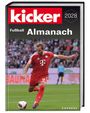 Text: "kicker 2028 Fußball Almanach". Ein Fußballspieler in roter Kleidung schießt den Ball auf dem Rasen.