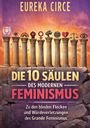 "EUREKA CIRCE. DIE 10 SÄULEN DES MODERNEN FEMINISMUS. Zu den blinden Flecken und Würdeverletzungen des Grande Feminismus." Dekorative antike Säulen mit Symbolen oben.