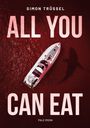Text: „ALL YOU CAN EAT“. Ein Boot im roten Wasser, rechts der Schatten eines Hais.