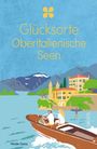 „Glücksorte Oberitalienische Seen“, Illustration: Paar im Boot vor italienischer Villa, Berge im Hintergrund.