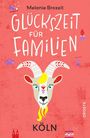 "Melanie Brozeit, Glückszeit für Familien, Köln. Illustration einer Ziege mit buntem Muster auf rotem Hintergrund."