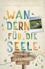 „Wandern für die Seele“, „Wohlfühlwege Uckermark“. Bunte Illustrationen von Landschaftselementen und ein Flussfoto.