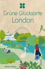 „Grüne Glücksorte London“. Illustration mit Natur, Enten, Pelikan, Menschen, Gebäude, London Eye und Papagei.