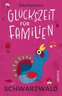 „Silke Kleinhans: Glückszeit für Familien. Schwarzwald. Droste.“ Illustration eines Vogels auf pinkem Hintergrund.
