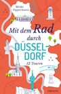 „Mit dem Rad durch Düsseldorf: 12 Touren“. Illustration mit Sehenswürdigkeiten und einem Fahrradweg auf orange-weißem Hintergrund.