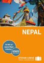 „NEPAL“ steht groß auf orangem Hintergrund, mit dem Text „Die Welt auf eigenen Wegen entdecken“. Oben sieht man bunte Gebetsfahnen.