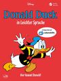 "Donald Duck in Leichter Sprache. Hier kommt Donald!" Donald Duck rennt, roter Hintergrund, Logos oben und unten.