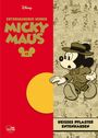Links steht "Entenhausener Ikonen Micky Maus". Unten rechts "Heisses Pflaster Entenhausen". Micky Maus läuft im Anzug.