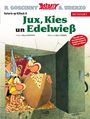 Titel: "Jux, Kies un Edelweiß". Zwei fröhliche Figuren betrachten einen Käselaib, umgeben von Münzen.