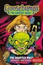 "Goosebumps: The Graphic Novel - The Haunted Mask." Ein Mädchen hält eine grüne, gruselige Maske. Gruslige Gesichter umgeben sie.