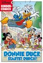 "Disney Kinder-Comics 2: Donnie Duck startet durch!" Cartoonfiguren in fröhlicher Pose vor einem Schulgebäude.