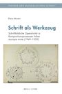 „Theorie der musikalischen Schrift“ oben, darunter „Elena Minetti“ und „Schrift als Werkzeug“. Unten geometrische Notengrafik.