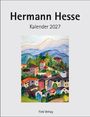 Text: "Hermann Hesse Kalender 2027", "Fink Verlag". Illustration: Bunte Häuserlandschaft mit Hügeln im Hintergrund.