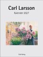 Text: "Carl Larsson Kalender 2027" und "Fink Verlag". Illustration: Eine Frau steht neben großen blühenden rosa Blumen im Innenraum.