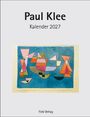 Text: "Paul Klee Kalender 2027, Fink Verlag." Eine abstrakte Illustration mit geometrischen Formen auf blauem Hintergrund.