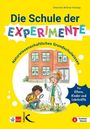 "Die Schule der Experimente" steht oben. Kinder experimentieren vor einer Schule. Text zur Zielgruppe auf blauem Stern.