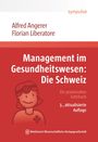 "Management im Gesundheitswesen: Die Schweiz, 3., aktualisierte Auflage." Illustration: lächelnder Arzt mit Kreuz.