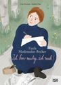"Paula Modersohn-Becker. Ich bin mutig, ich male!" Illustration einer Frau im blauen Kleid, die im Freien auf einer Decke zeichnet.