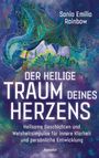 "Der heilige Traum deines Herzens" in Weiß auf Blau. Farbige, abstrakte Muster mit floralen Elementen.