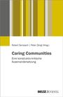 Text: "Caring Communities: Eine konstruktiv-kritische Auseinandersetzung." Graphische Balken in Gelb- und Grautönen.
