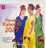 „Frauen-Kalender 2027“, Illustration: Drei Frauen in bunten Kleidern, lila Hintergrund. Logo oben links.