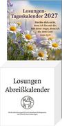 „Losungen-Tageskalender 2027. Fürchte dich nicht, denn ich bin mit dir; hab keine Angst, denn ich bin dein Gott! Jesaja 41,10.“ Eine Illustration von Margariten, darunter ein Abreißkalender mit einem Logo.