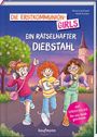 "DIE ERSTKOMMUNION-GIRLS: EIN RÄTSELHAFTER DIEBSTAHL." Drei fröhliche Mädchen, eines hält ein Walkie-Talkie.