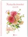 „Naturkalender 2028“, „seit 1988, 40 Jahre“. Illustration mit rosafarbenen Dahlienblüten. „LV.Buch“-Logo unten.