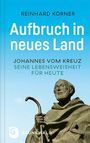„Aufbruch in neues Land“ von Reinhard Körner, Statue eines Mannes mit Kapuze und Stab, blauer Himmel, Grunewald-Logo.