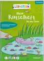 „LERNSTERN“, „Mein Rätselheft Bei den Tieren“. Ein lila Nilpferd in einem Teich, umgeben von bunten Schildkröten und Vögeln.