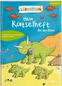 Titel "Mein Rätselheft bei den Dinos". Kindergarten. Illustration mit grünen Dinosauriern und fliegenden Tieren.