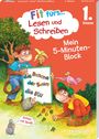 Text: "Fit fürs... Lesen und Schreiben", "Mein 5-Minuten-Block", "die Banane der Baum". Zwei Affen, einer mit Banane, ein Igel.